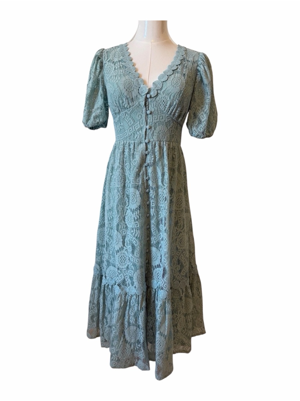 By The River Vintage-Inspired Sage Lace Midi Dress with Button Front Size S